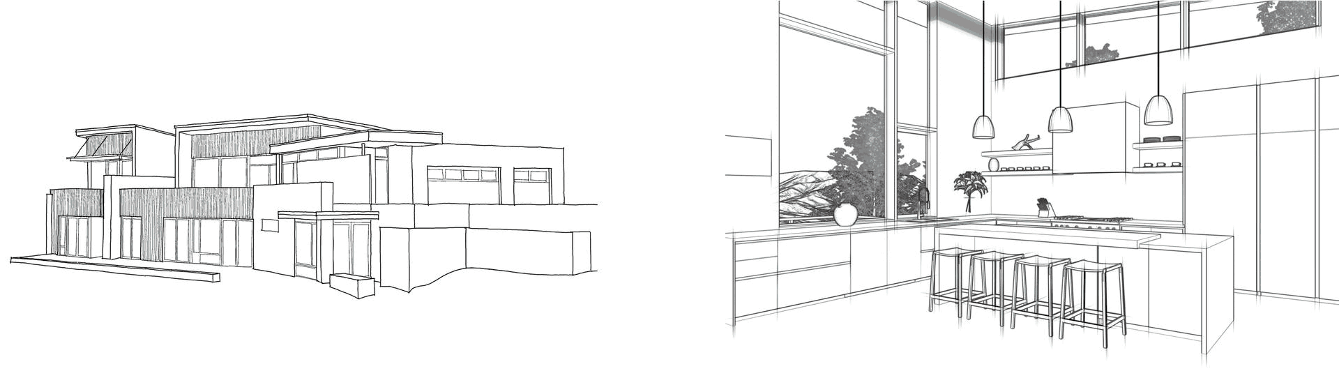 Architectural sketch showing a house exterior and a modern kitchen interior.