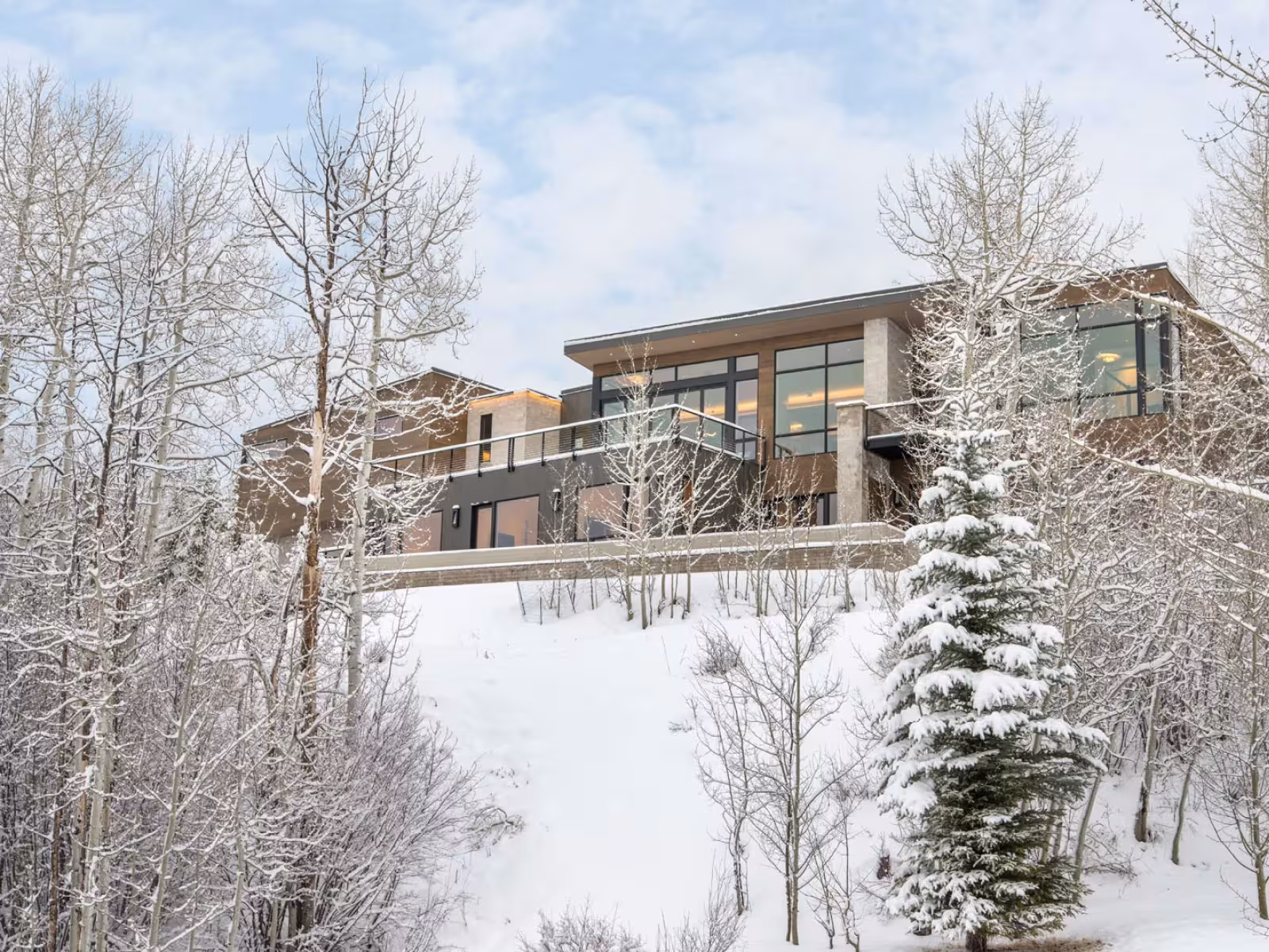 Modern house on a snowy hill with leafless trees.