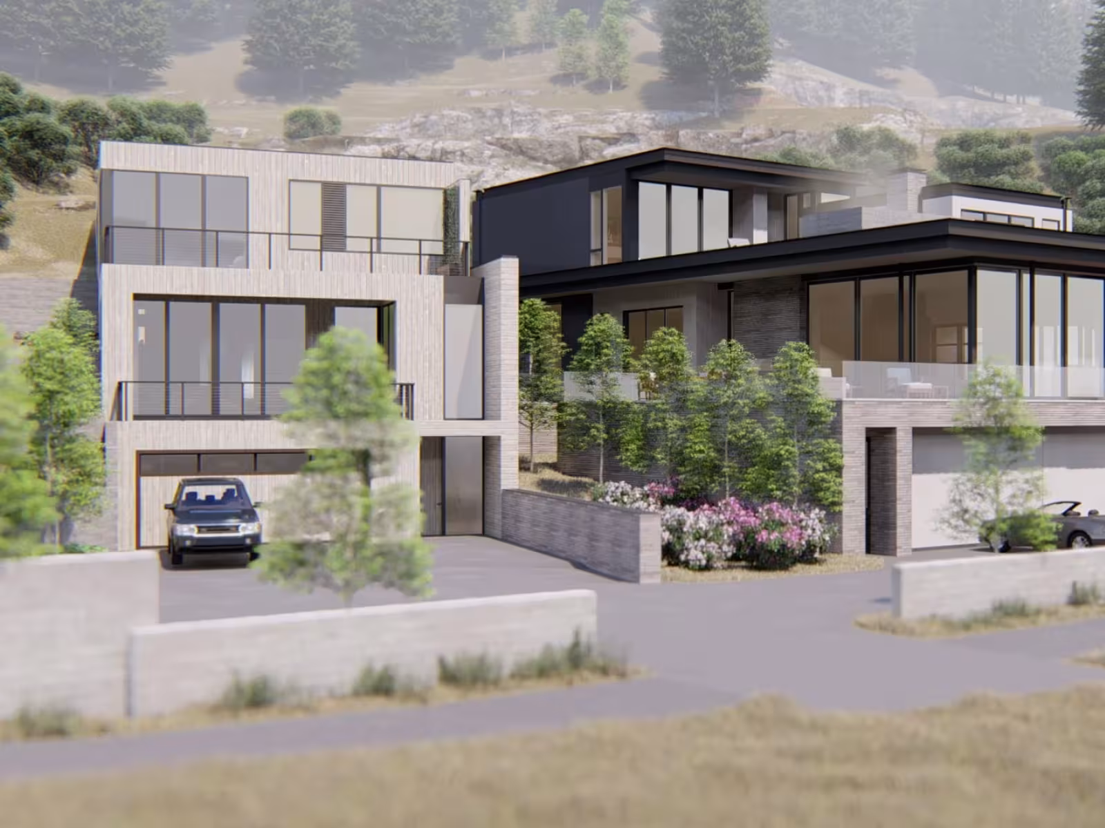 Modern, multi-storey home with large windows, surrounded by trees.
