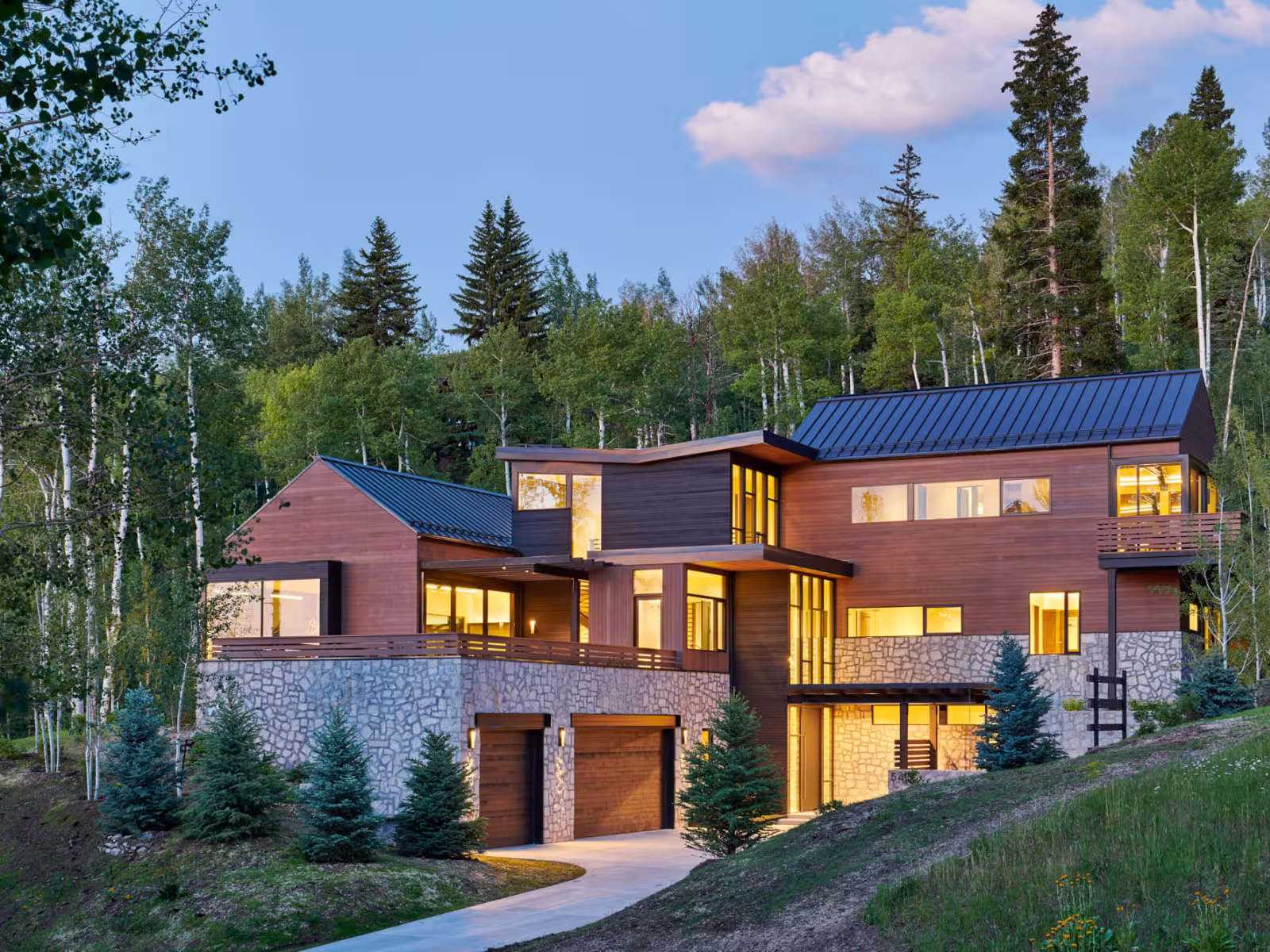 Modern house with large windows, surrounded by trees at twilight.