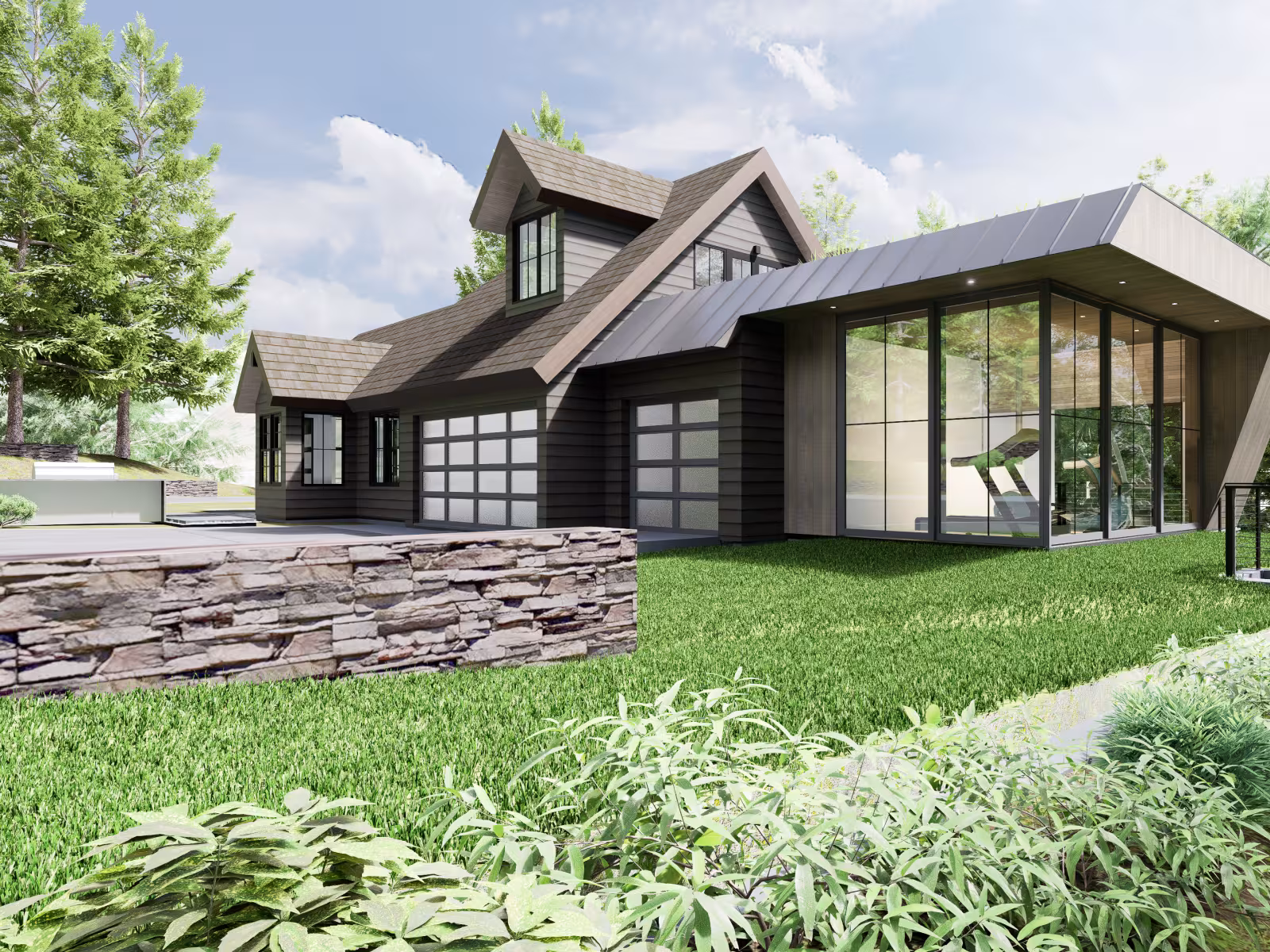 Modern house with large windows, surrounded by lush greenery and trees.