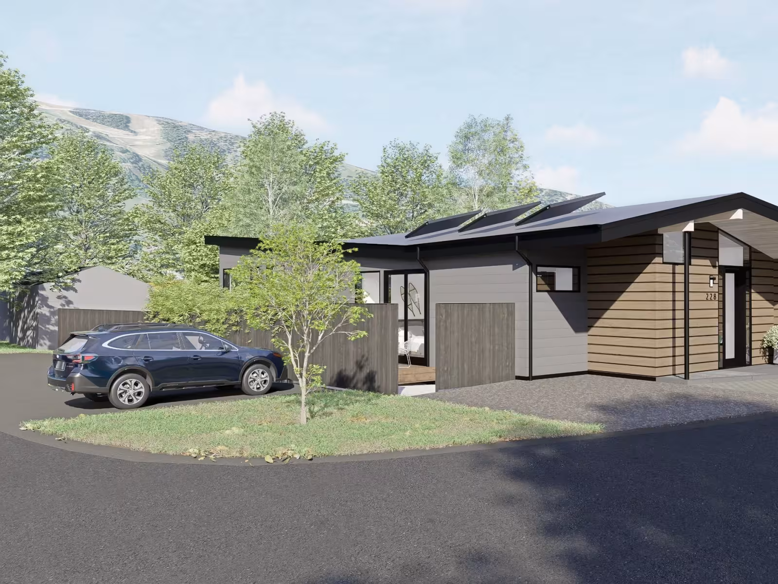 Modern house with solar panels, car on driveway, surrounded by trees.