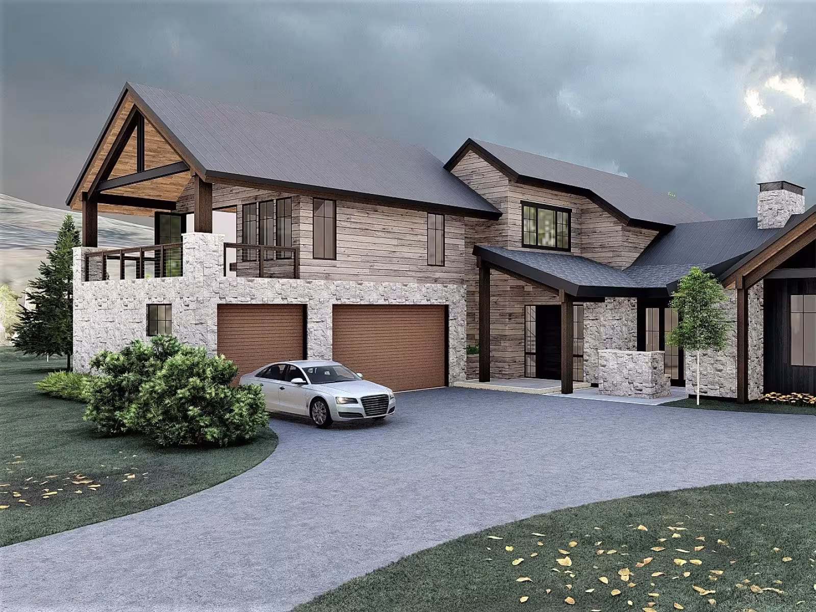 Stone house with a grey roof, two garages, and a parked silver car in front.