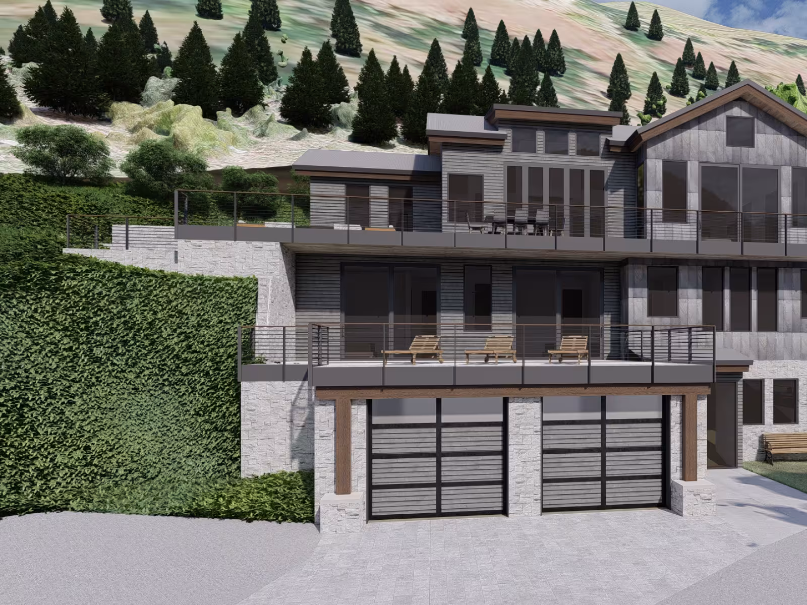 Modern hillside house with large windows and a double garage, surrounded by trees.