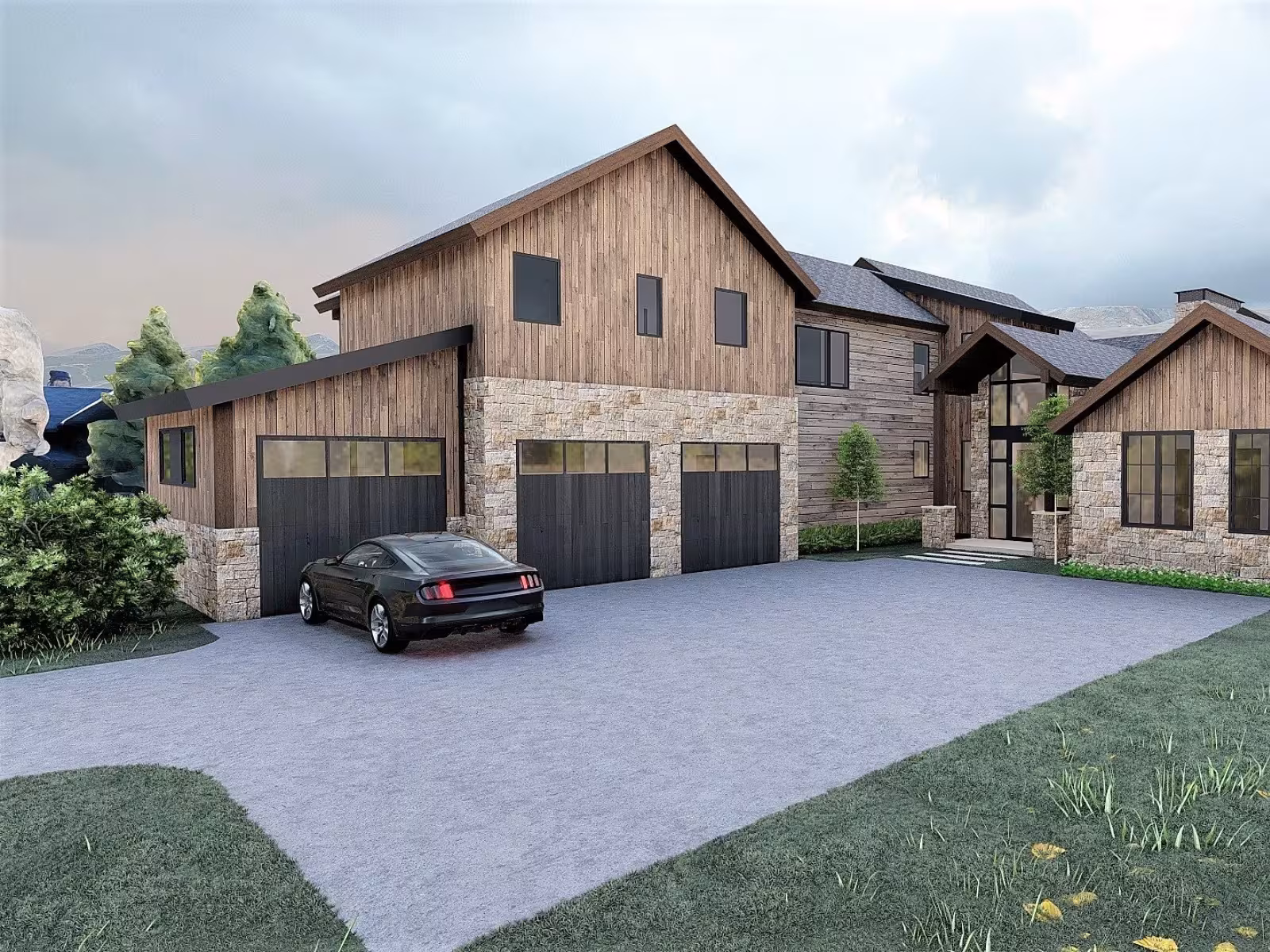 Large stone and wood house with a black car in the driveway, cloudy sky above.