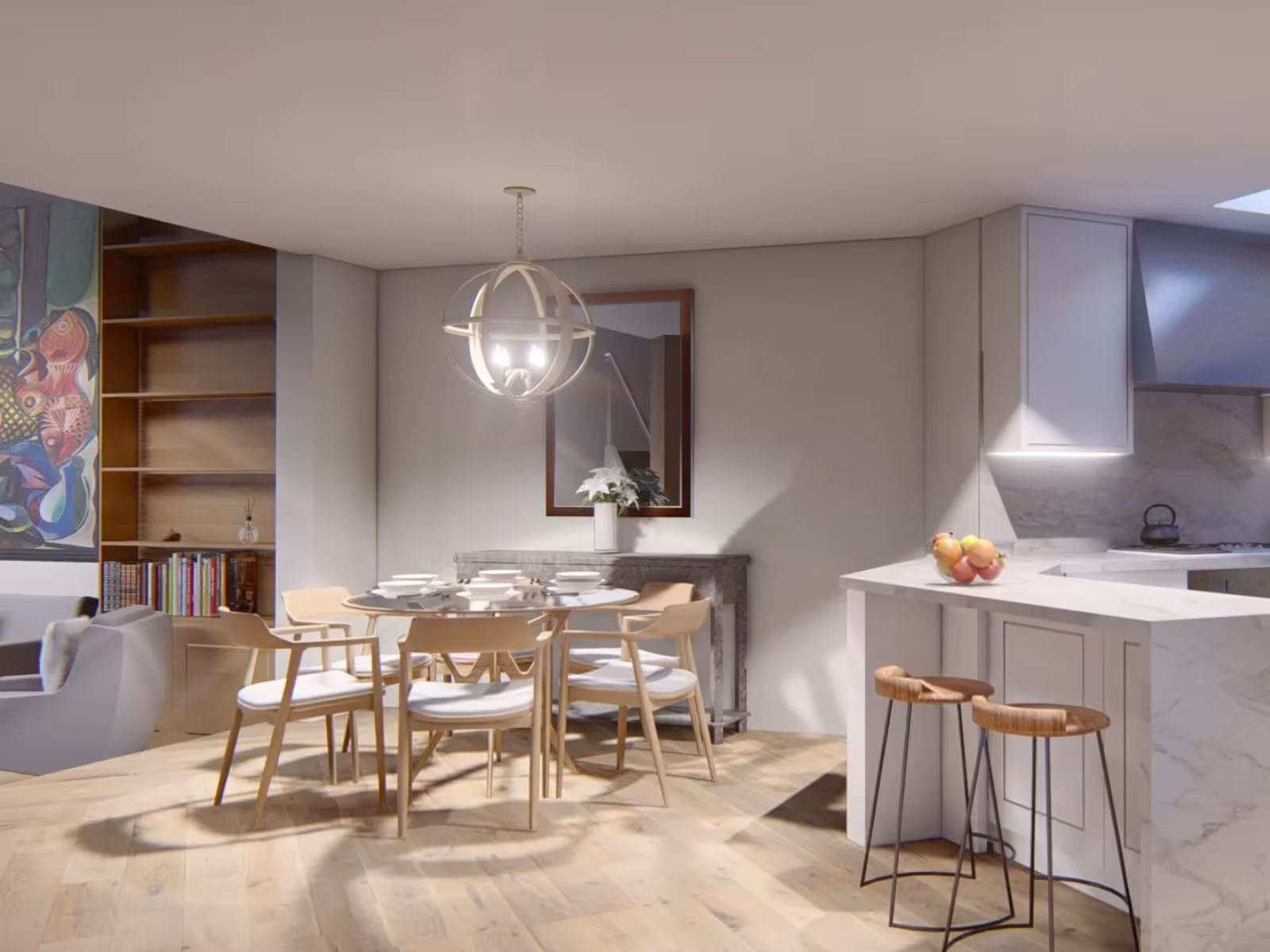 Modern kitchen and dining area with wooden furniture, marble island, and pendant light.