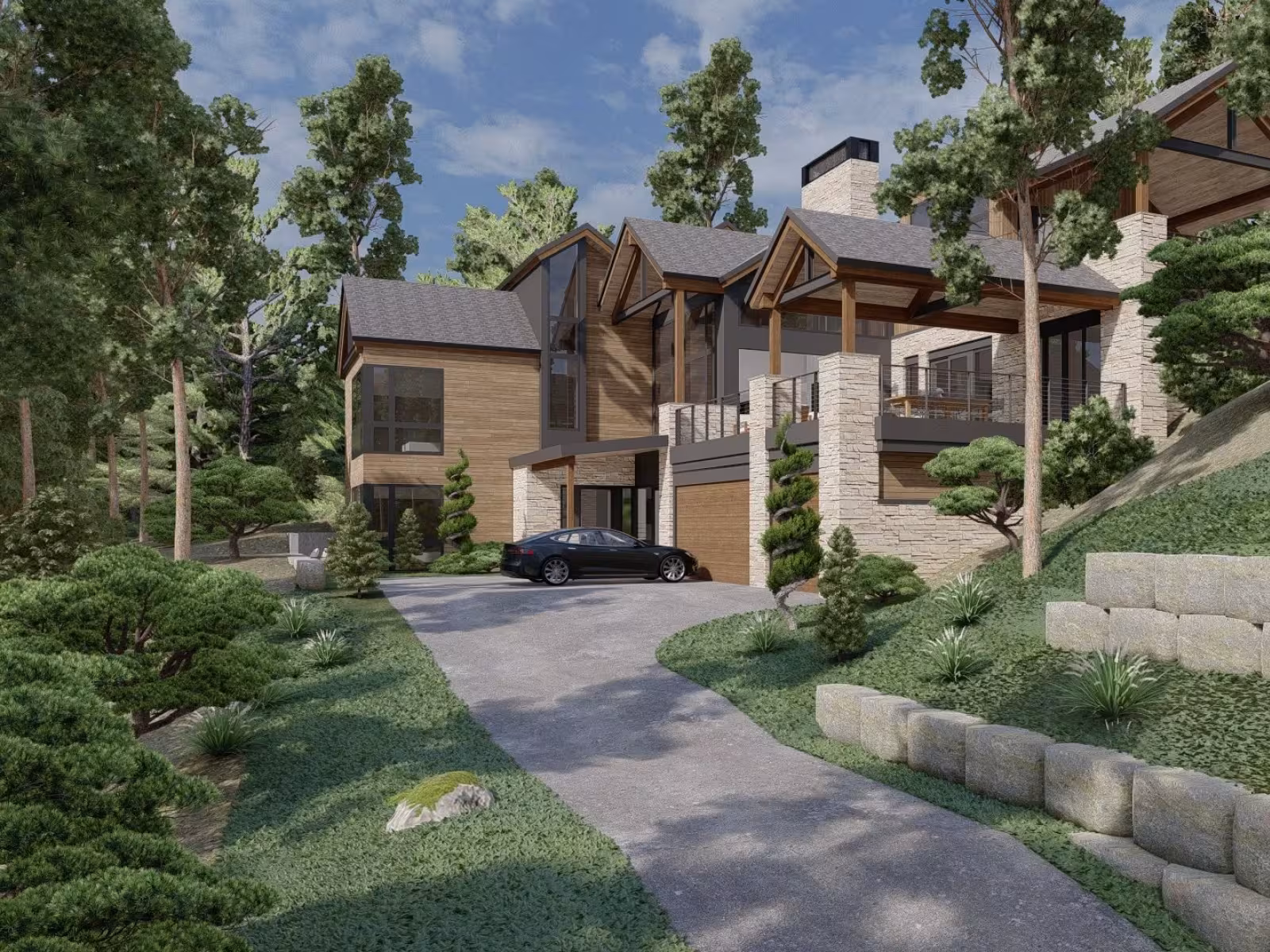 Modern house with wooden accents, surrounded by trees and a stone driveway.