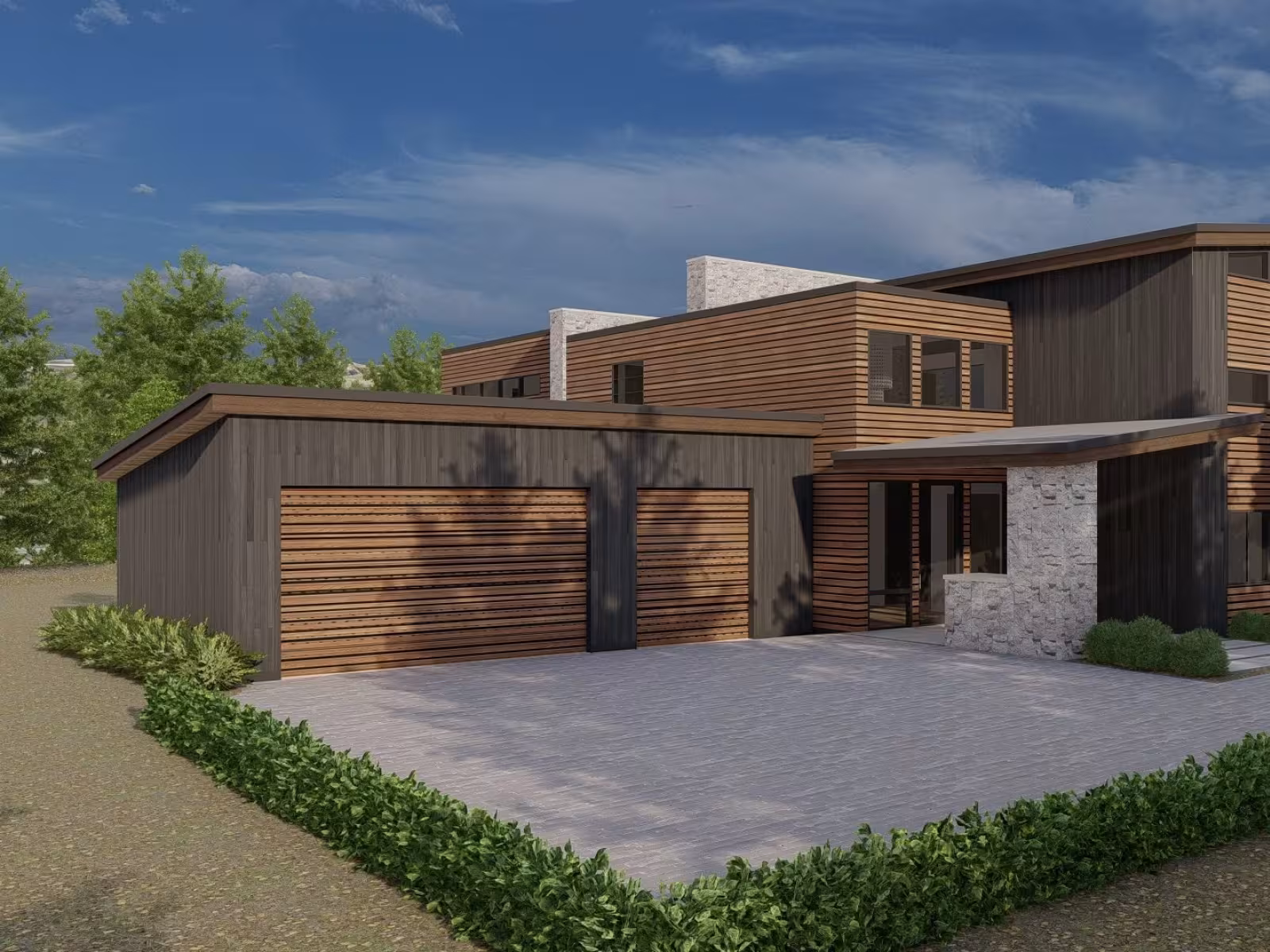 Modern house with a wooden facade, surrounded by trees.