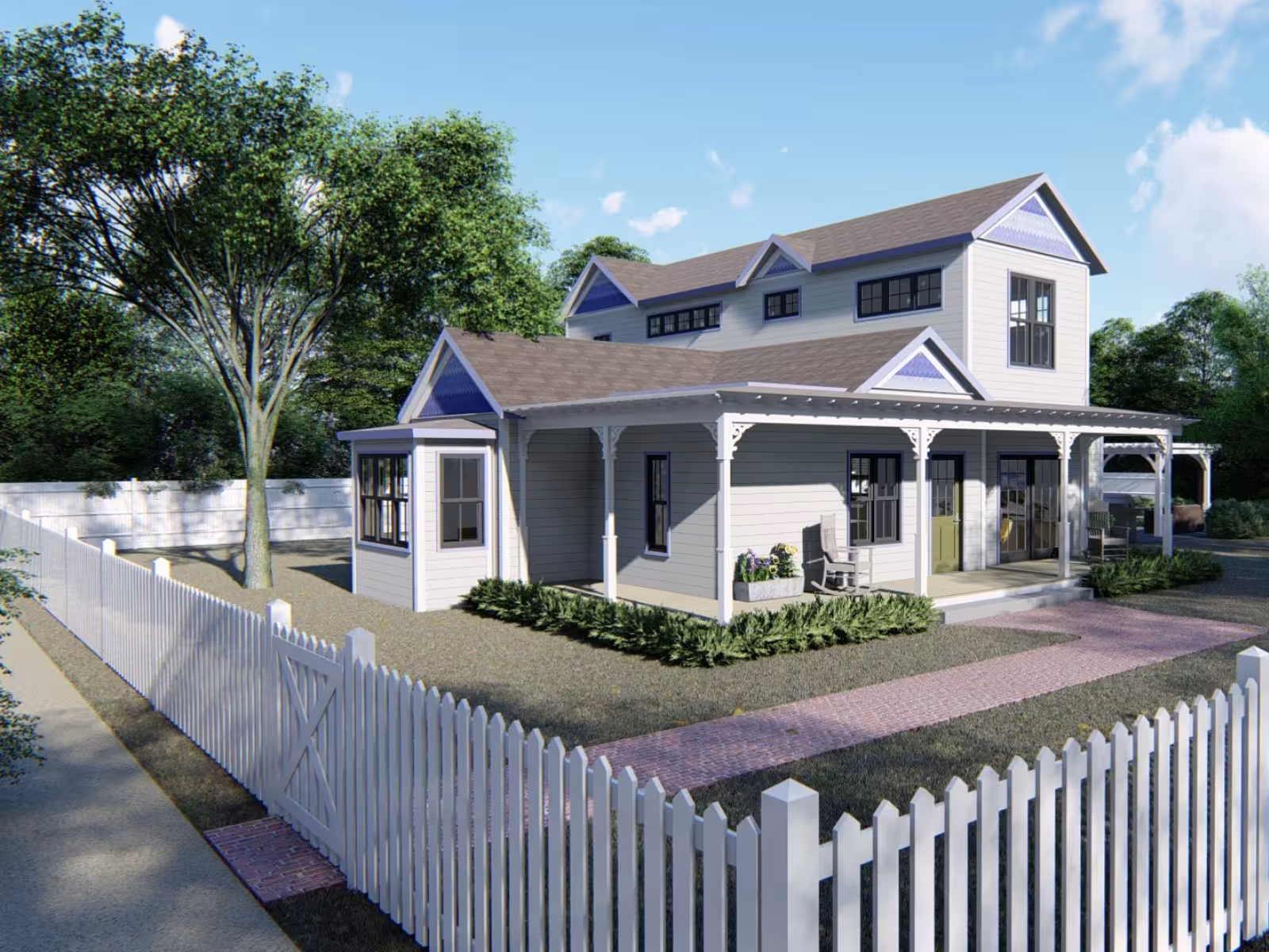 Two-storey house with white fence and garden, bright sunny day.
