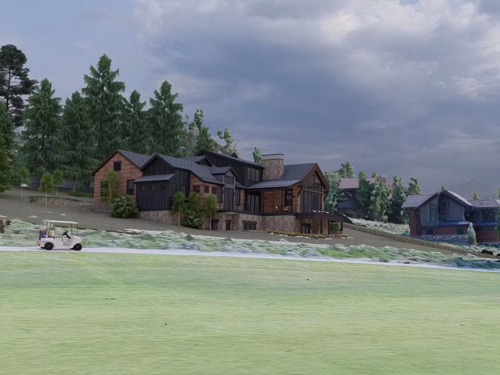 Golf course with clubhouse, cloudy sky, and trees.