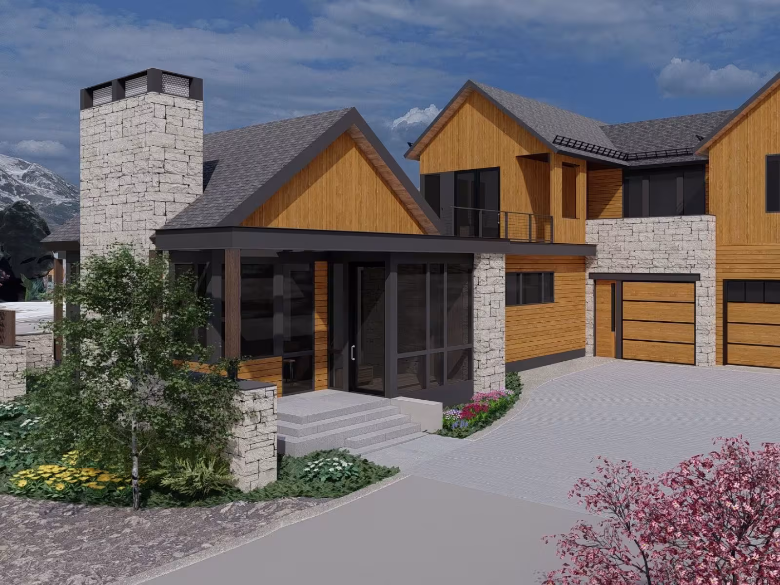 Modern two-storey house with wood and stone exterior.