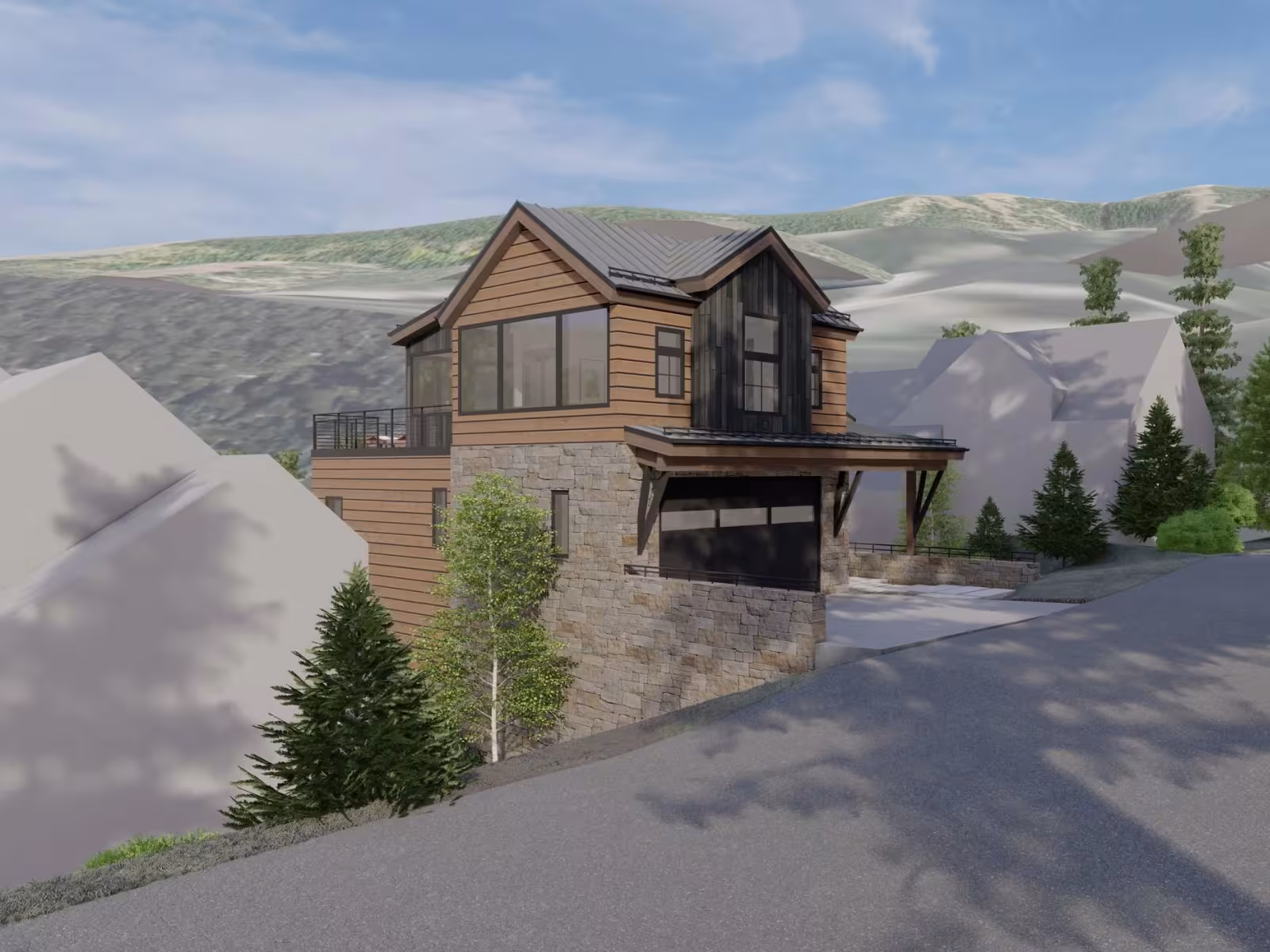 Mountain house with large windows, surrounded by trees, on a sunny day.