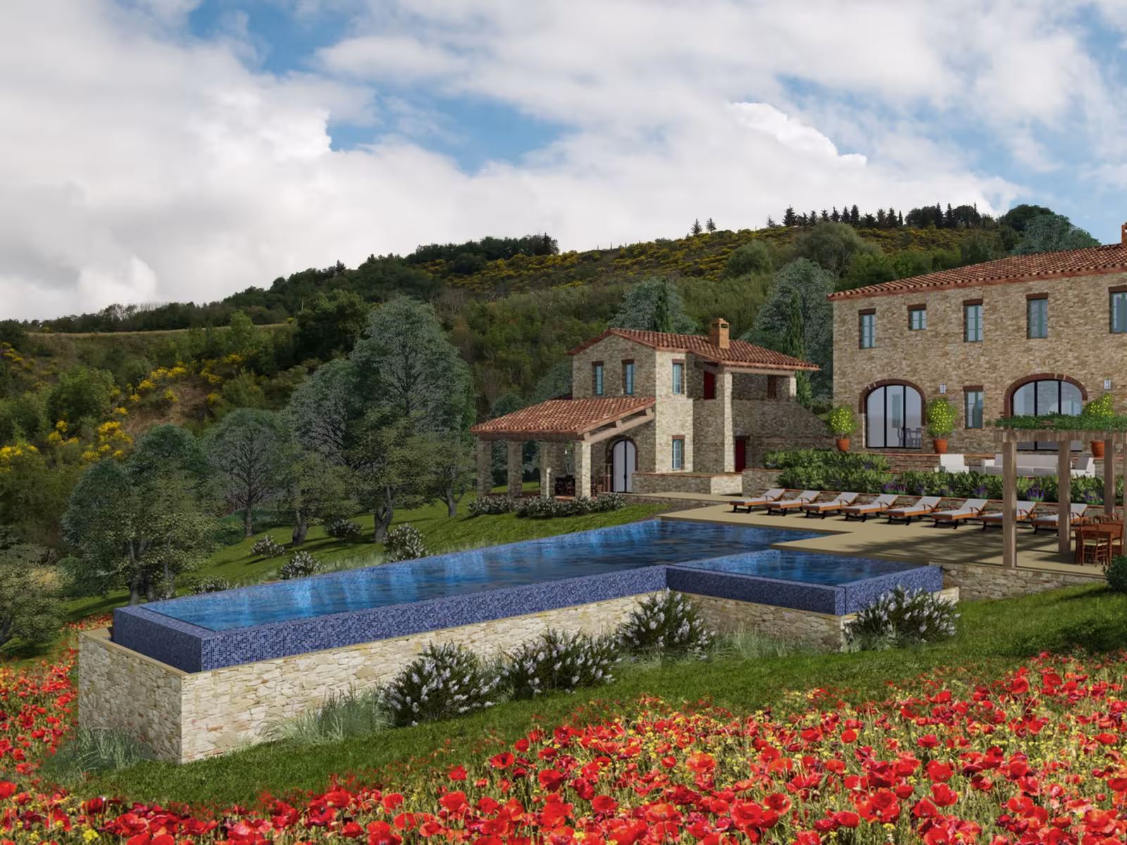 Stone villa with pool, surrounded by lush hills and red flowers, under a partly cloudy sky.