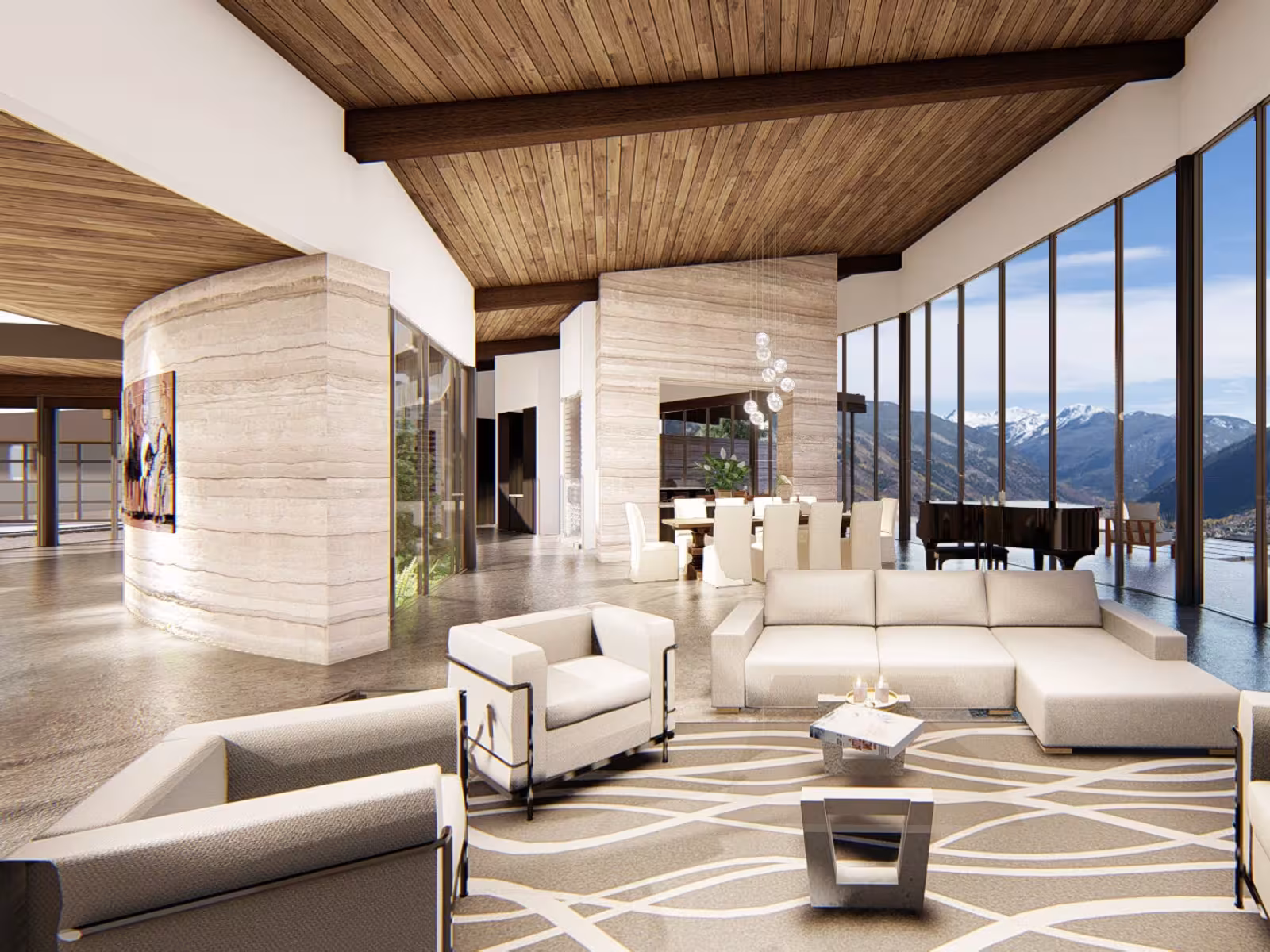 Luxurious lounge with large windows overlooking snowy mountains.