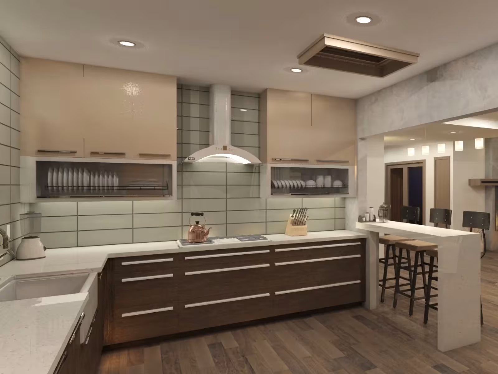 Stylish modern kitchen with dark wood cabinets and breakfast bar.