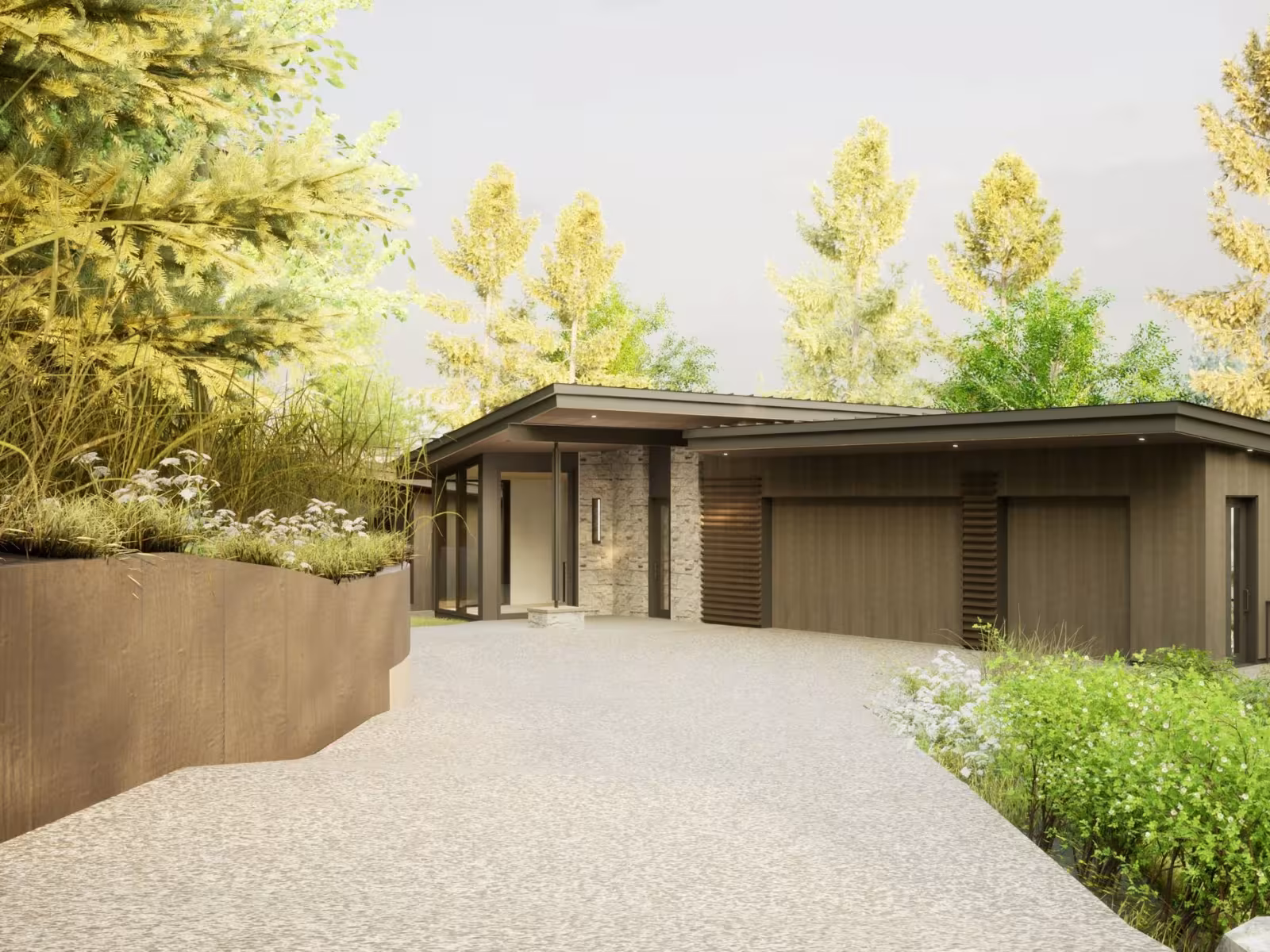 Modern brown house surrounded by trees and greenery.