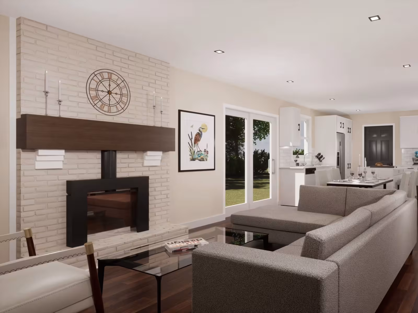 Modern living room with grey sofa, fireplace, and wooden floor. Light walls, art on walls.