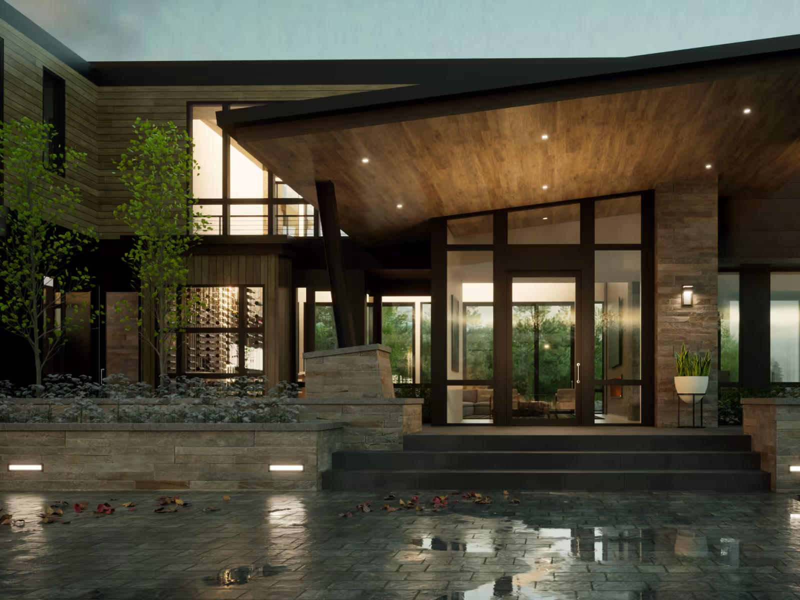 Modern house exterior with glass and wood, evening lighting.