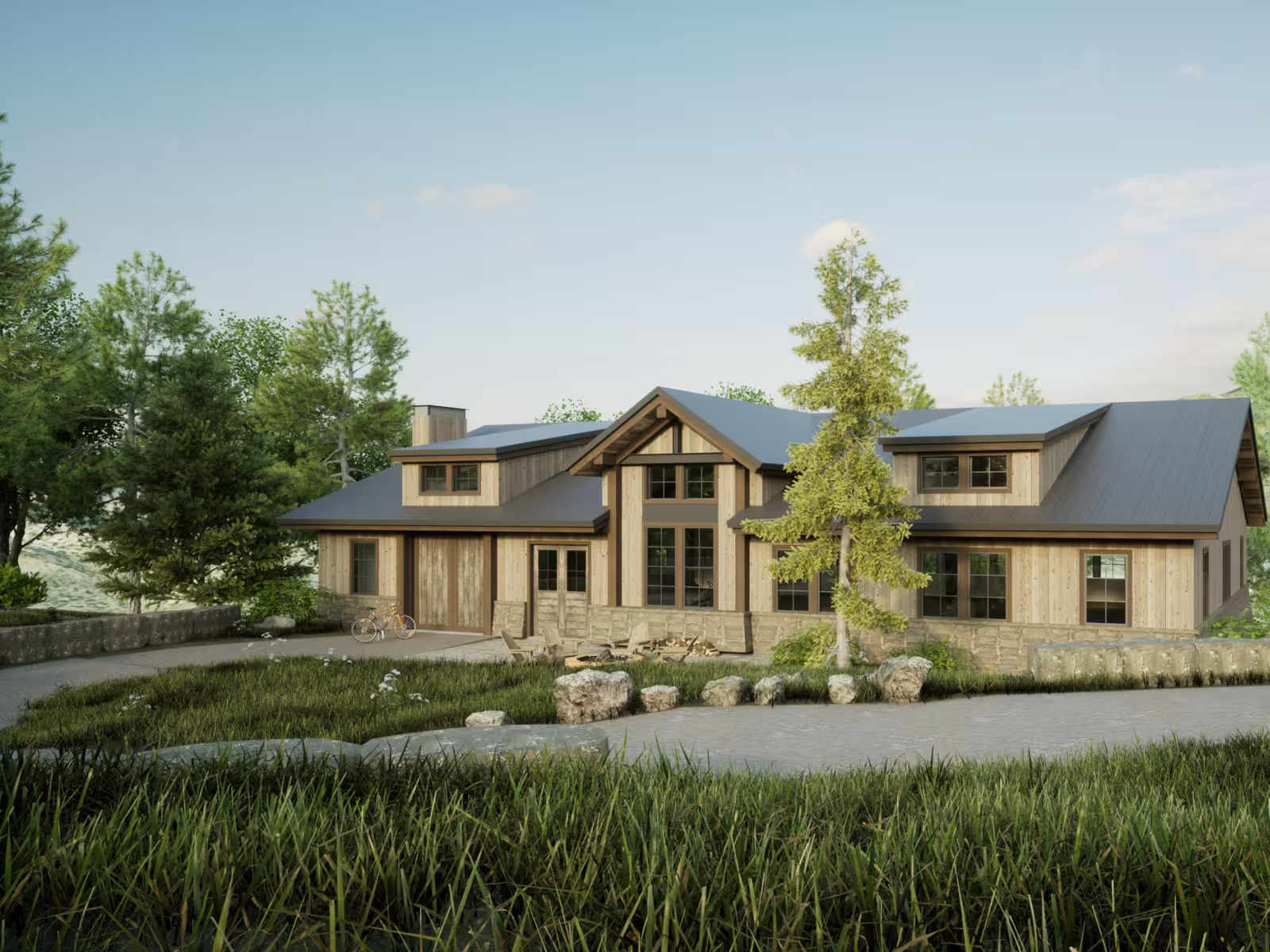 Modern house with wood accents, surrounded by trees and grass under a blue sky.