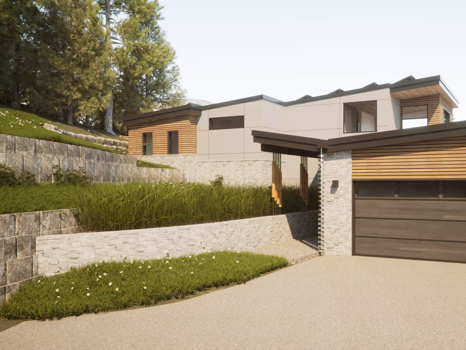 Modern hillside home with stone and wood exterior, surrounded by greenery.
