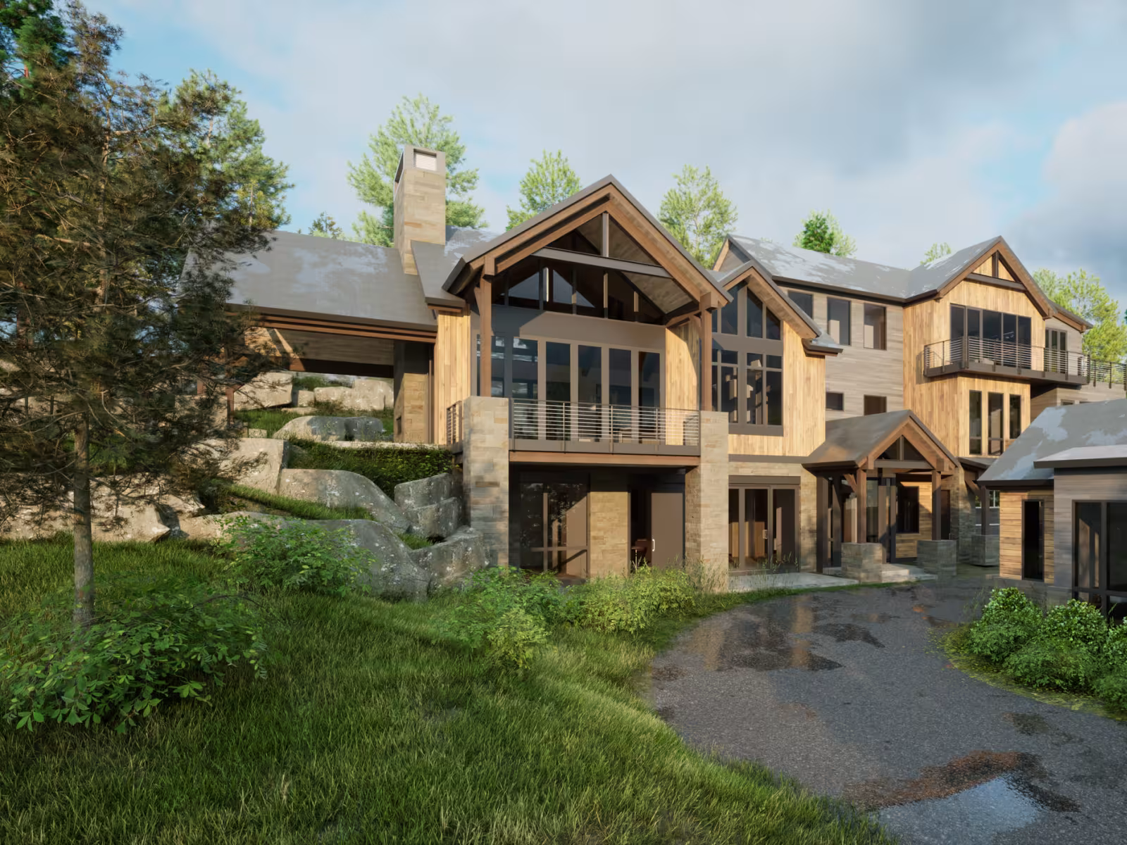 Large rustic house with stone and wood accents surrounded by lush greenery.