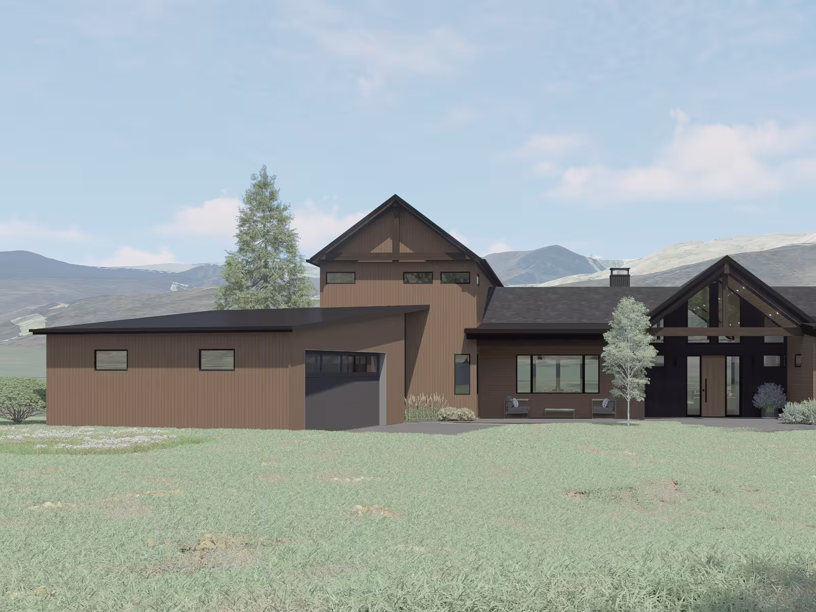 Modern brown house with large windows, surrounded by grass and trees, under a blue sky.