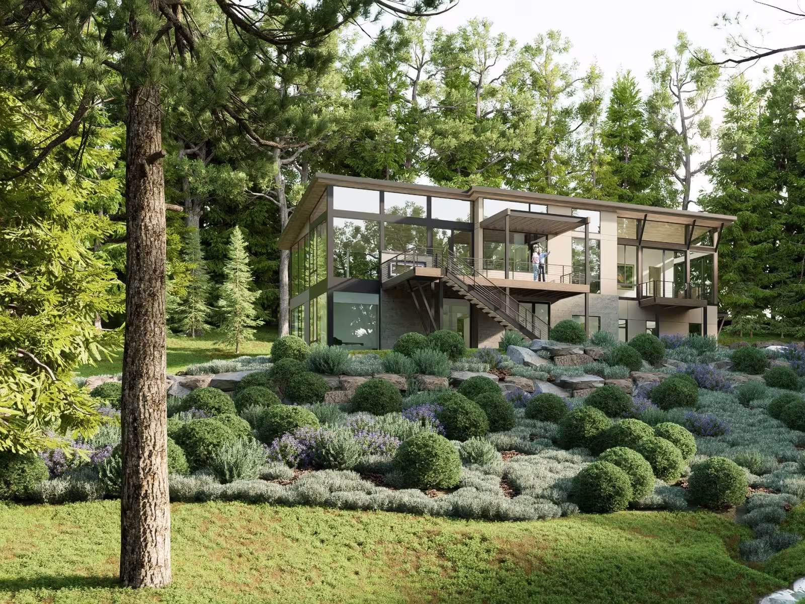 Modern house surrounded by lush green trees and shrubs.