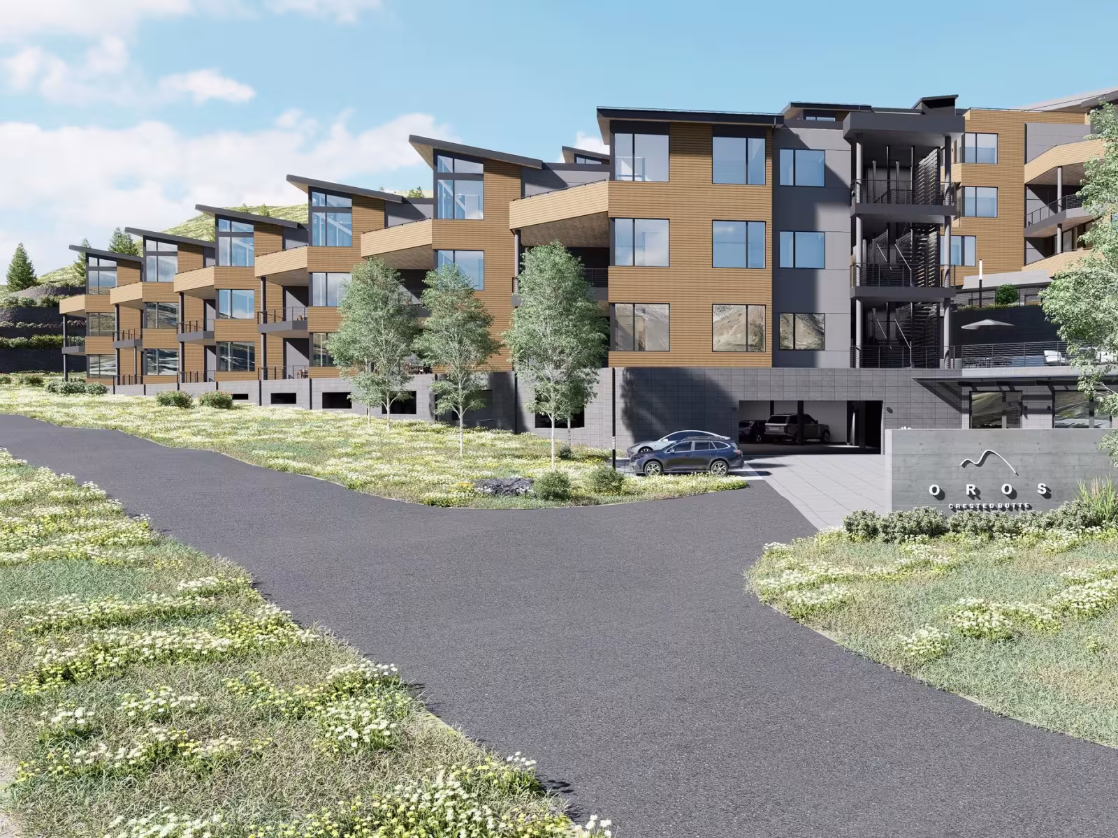 Modern apartment complex with wooden accents, surrounded by greenery under a blue sky.