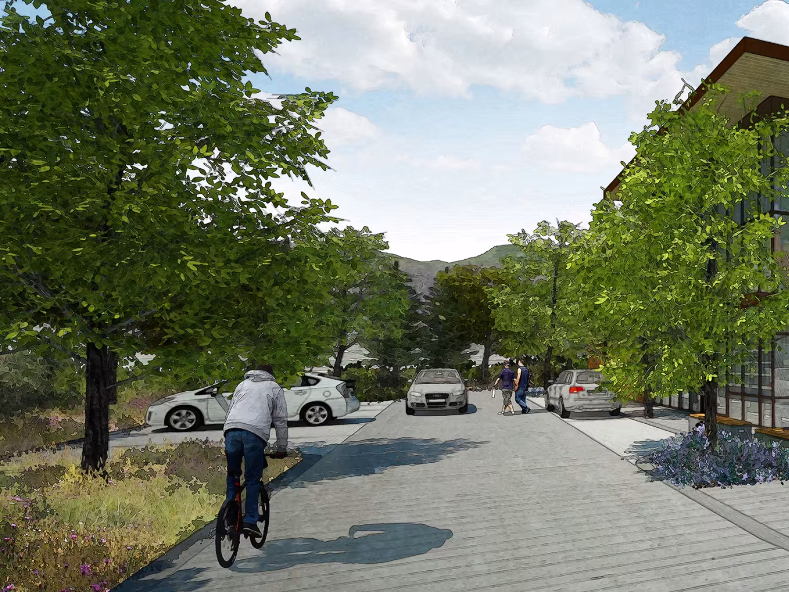Modern building with glass facade, cyclists, trees, and clouds in a sunny landscape.