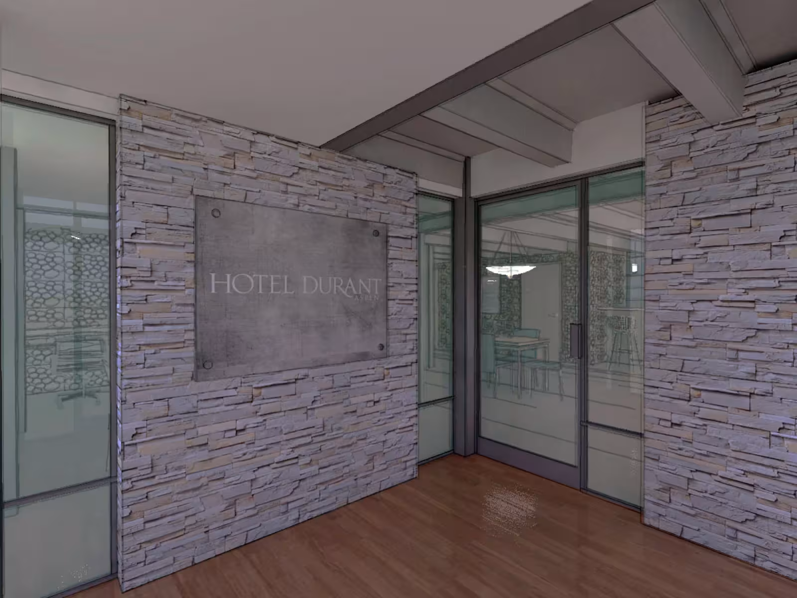 Modern hotel entrance with stone walls and glass doors.