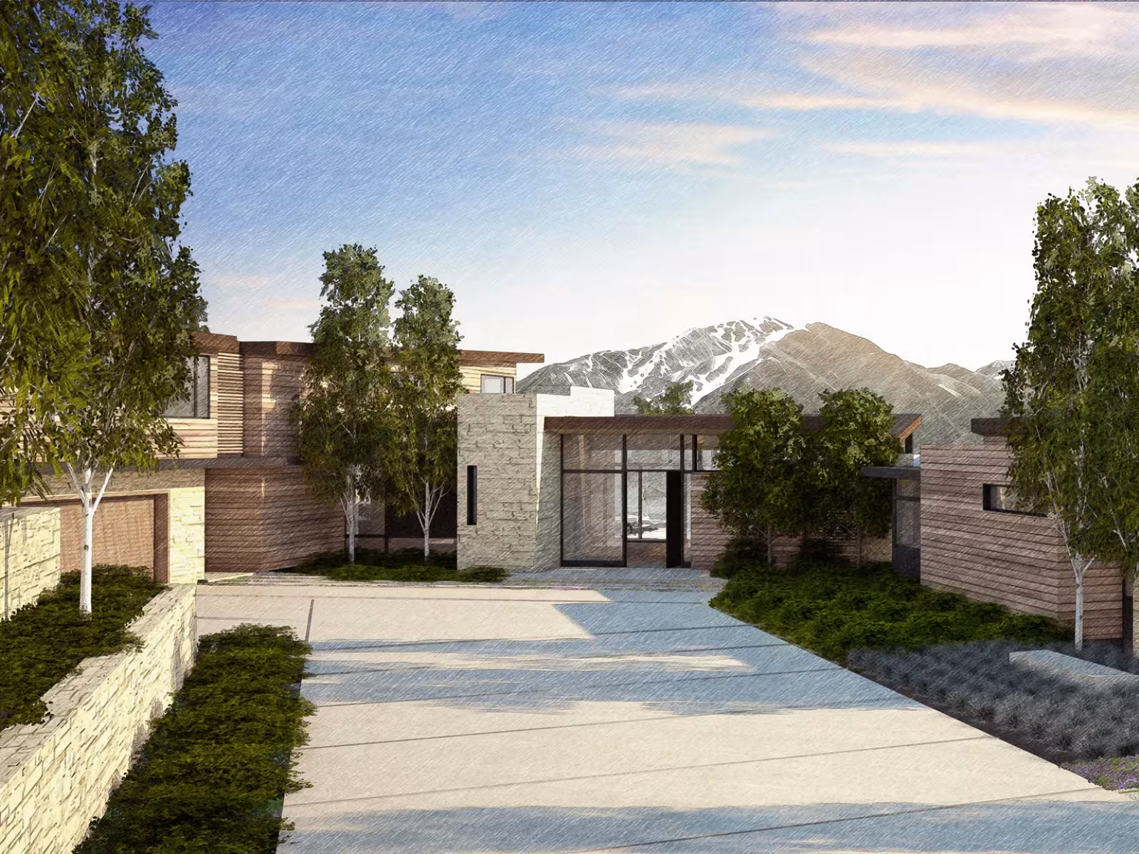 Modern house with trees, mountain backdrop, under a blue-orange sky.