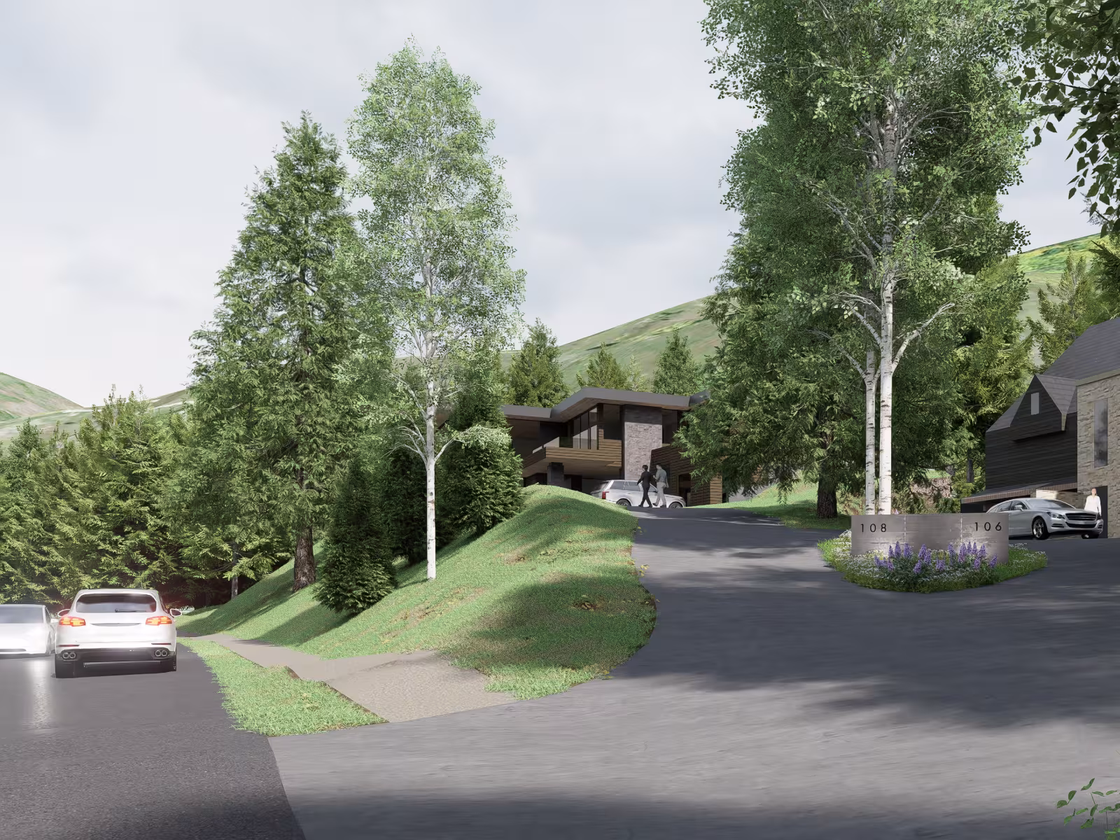 Curving road through a leafy residential area with parked cars and houses.