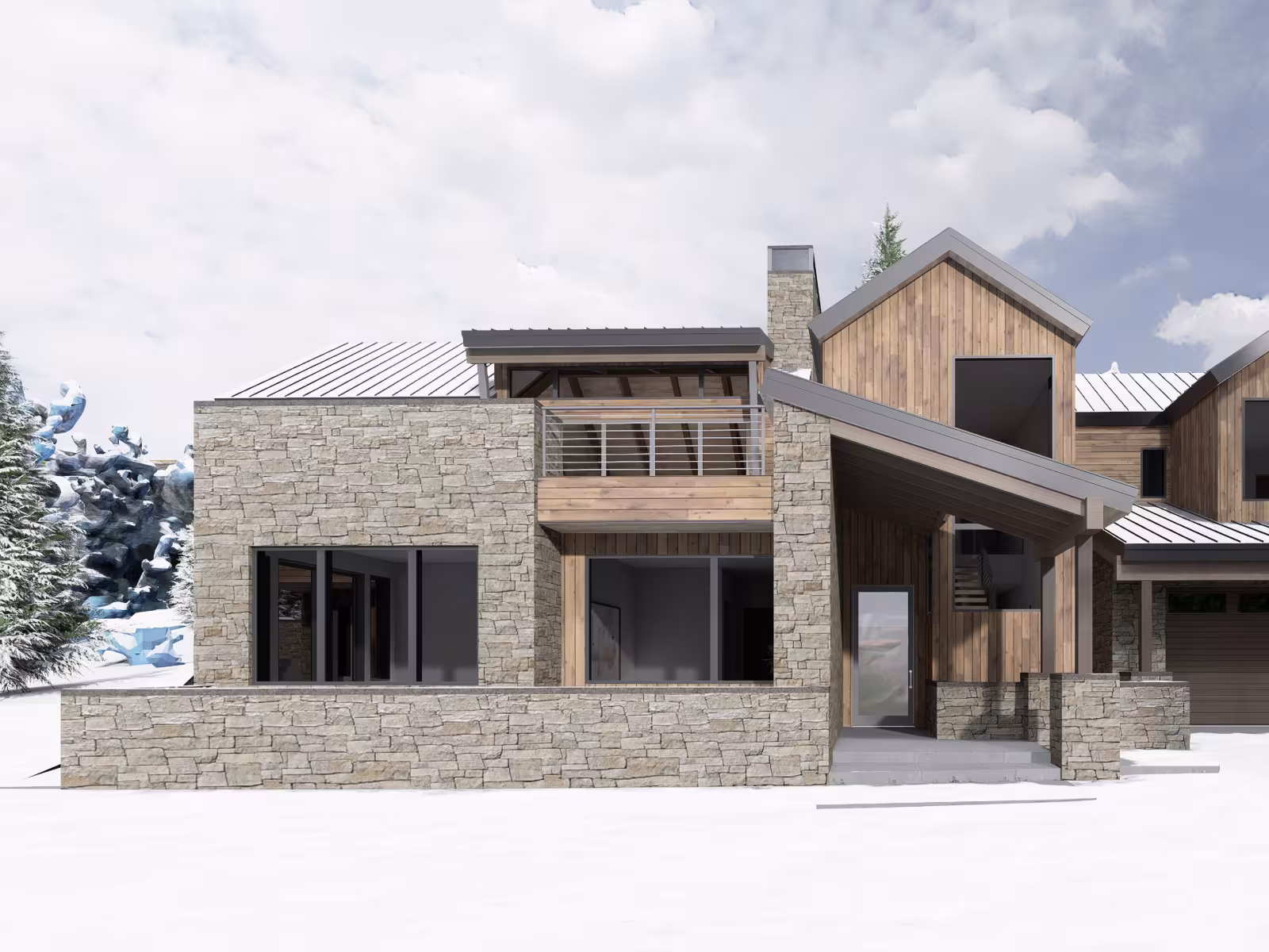 Modern house with stone and wood facade in snowy landscape.