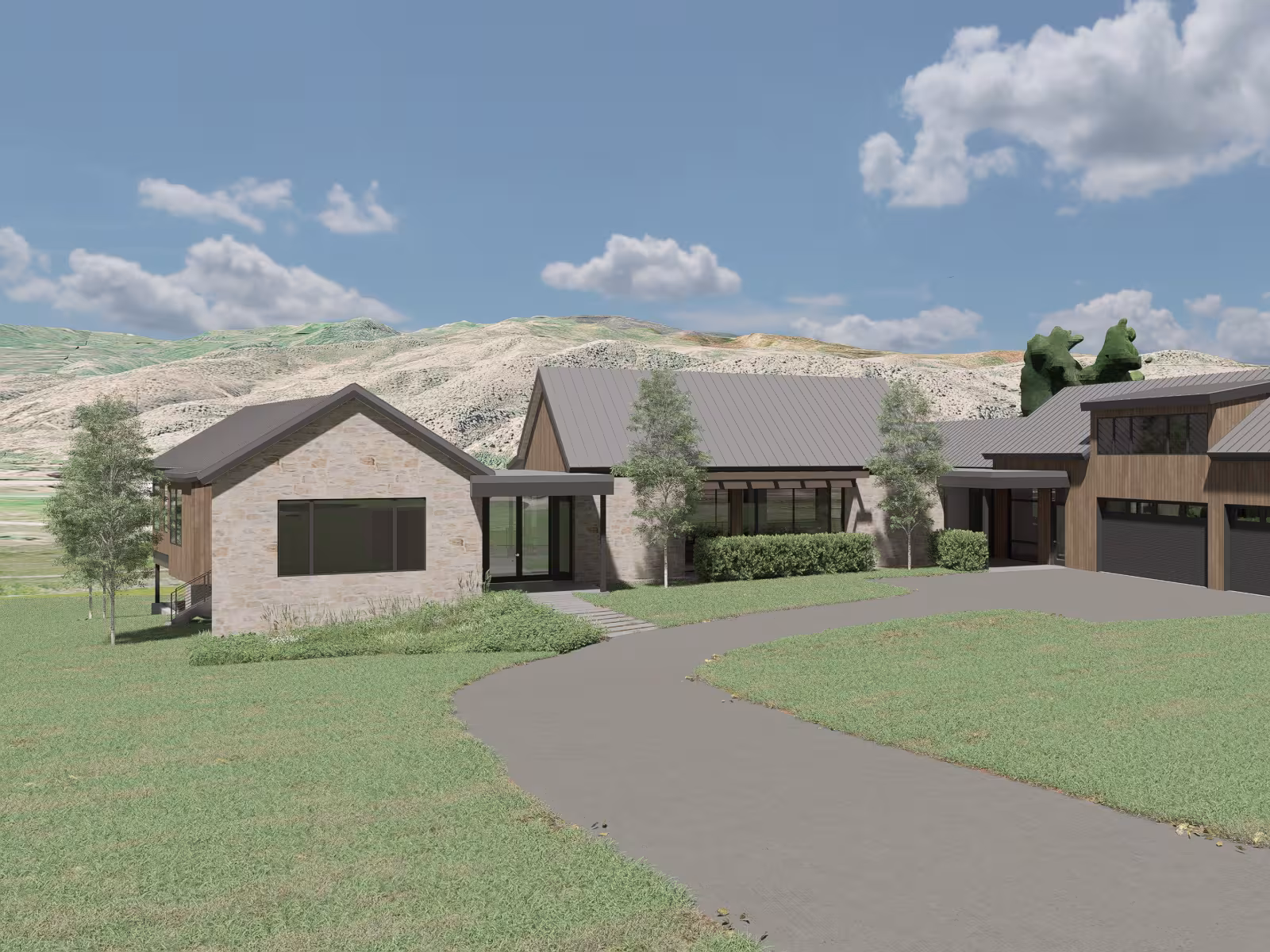 Modern house with grey roof, double garage, and green lawn under a blue sky.