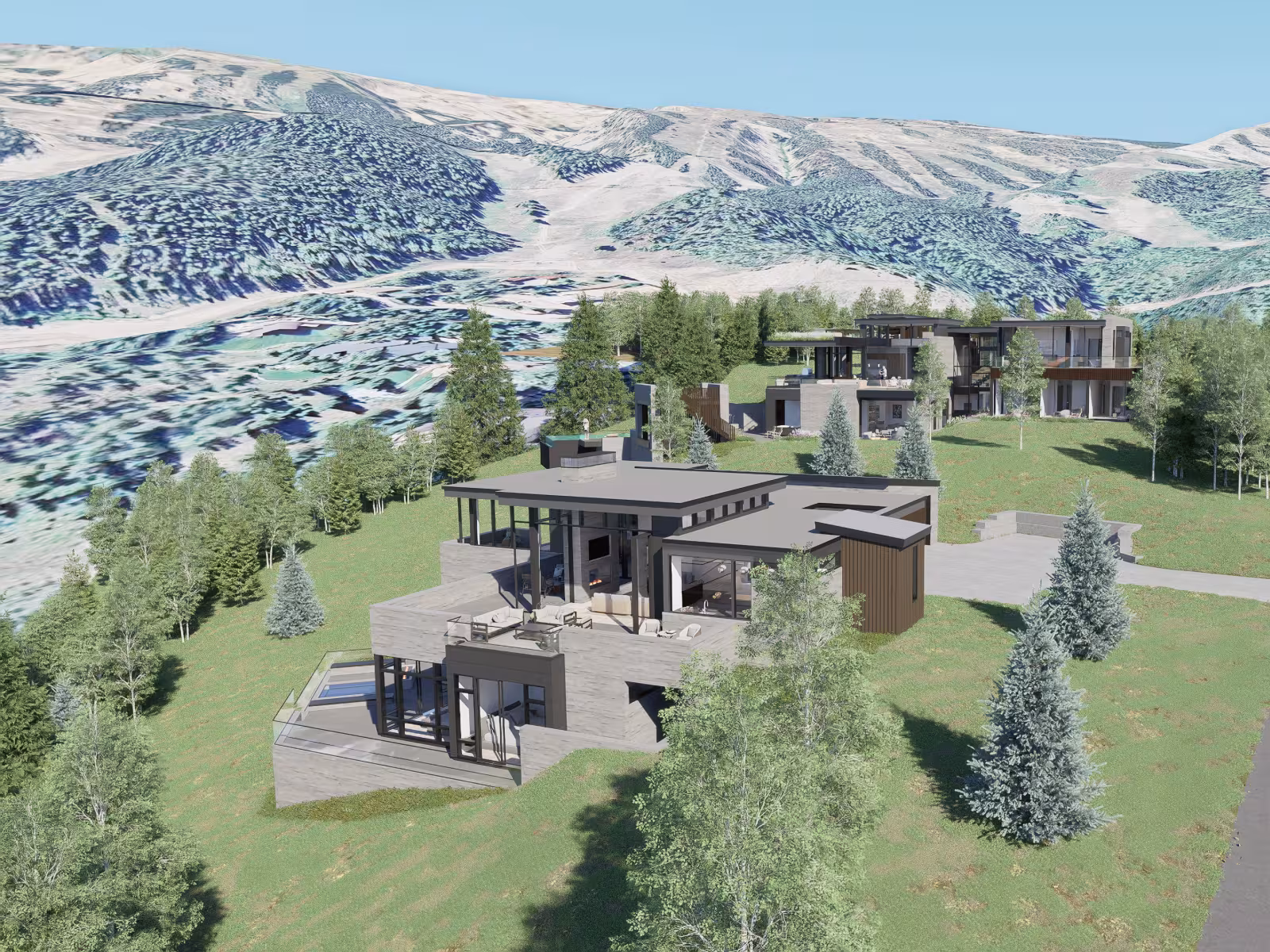 Modern hillside house with large windows, surrounded by trees under a bright blue sky.