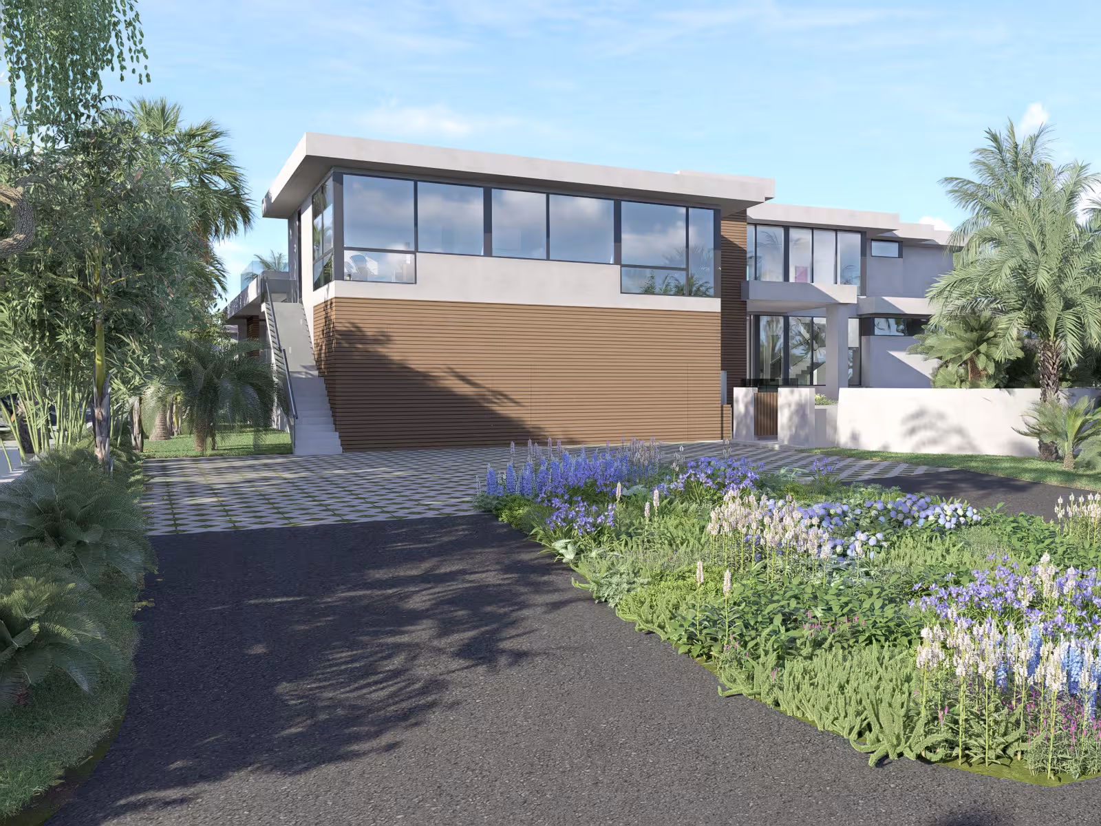 Modern house with large windows, driveway, and lush garden, under a clear blue sky.