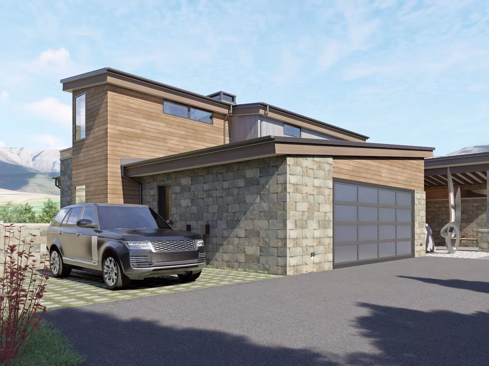 Modern house with stone and wood facade, SUV parked in driveway.