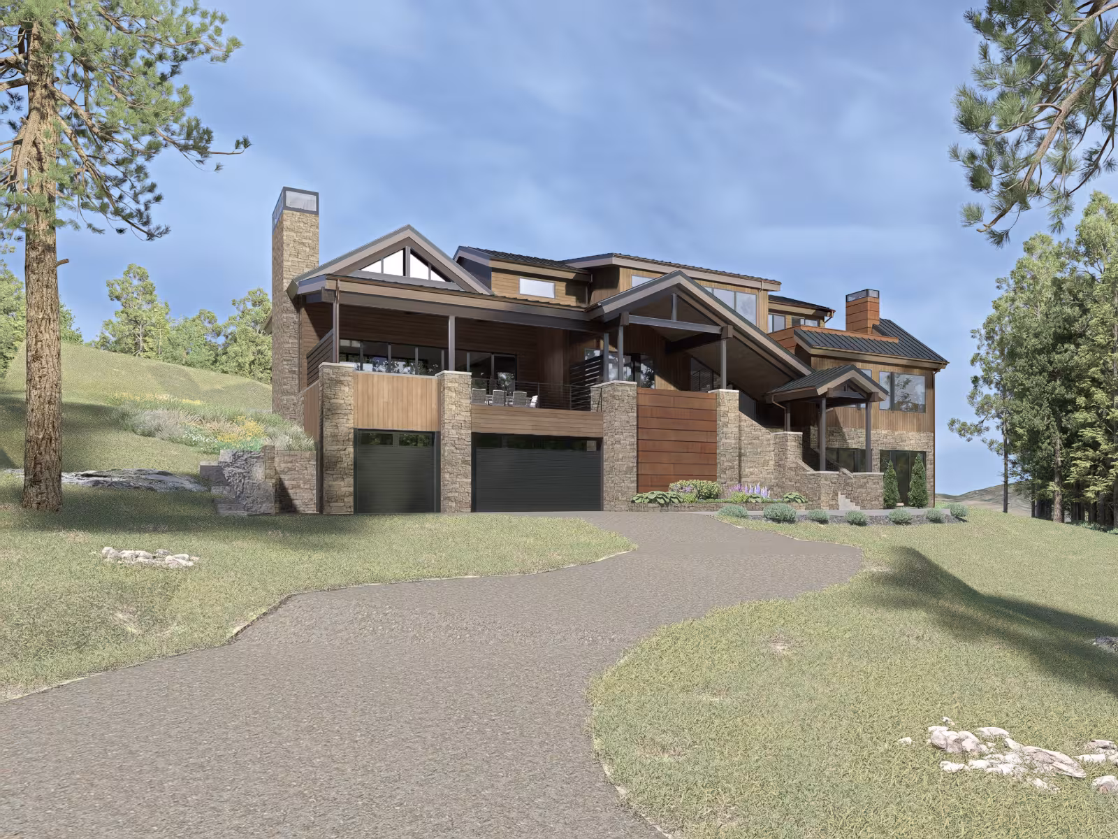 Modern house with large windows, surrounded by trees and a winding driveway under blue skies.